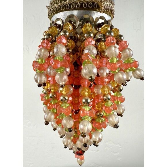 Vintage Handmade Beaded Chandelier Tea Ball Christmas Ornament Orange Peach - Picture 2 of 7